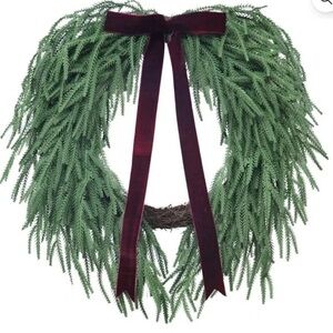 Elegant Green Holiday Wreath with Burgundy Ribbon